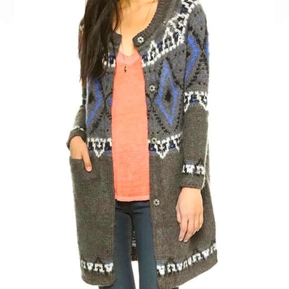 Free People Fair Isle Med Gray Longline Button Cardi Mohair Wool Pocket Coatigan - Picture 8 of 9
